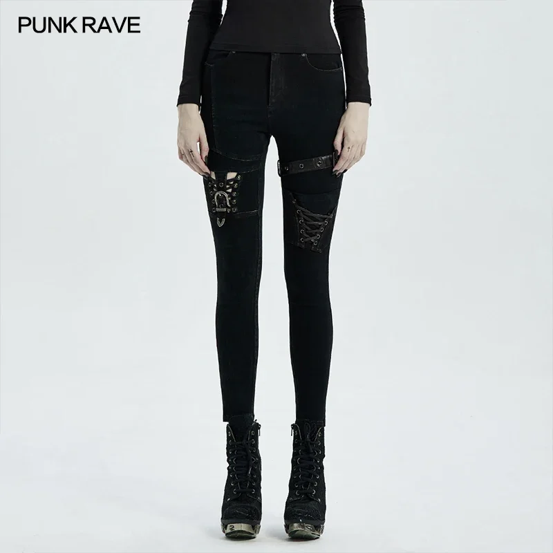 PUNK RAVE Women\'s Punk Knee Deconstructed Hollow Retro Street Denim Trousers Ghost Head Word Buckle Skinny Pants