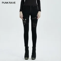 PUNK RAVE Women's Punk Knee Deconstructed Hollow Retro Street Denim Trousers Ghost Head Word Buckle Skinny Pants