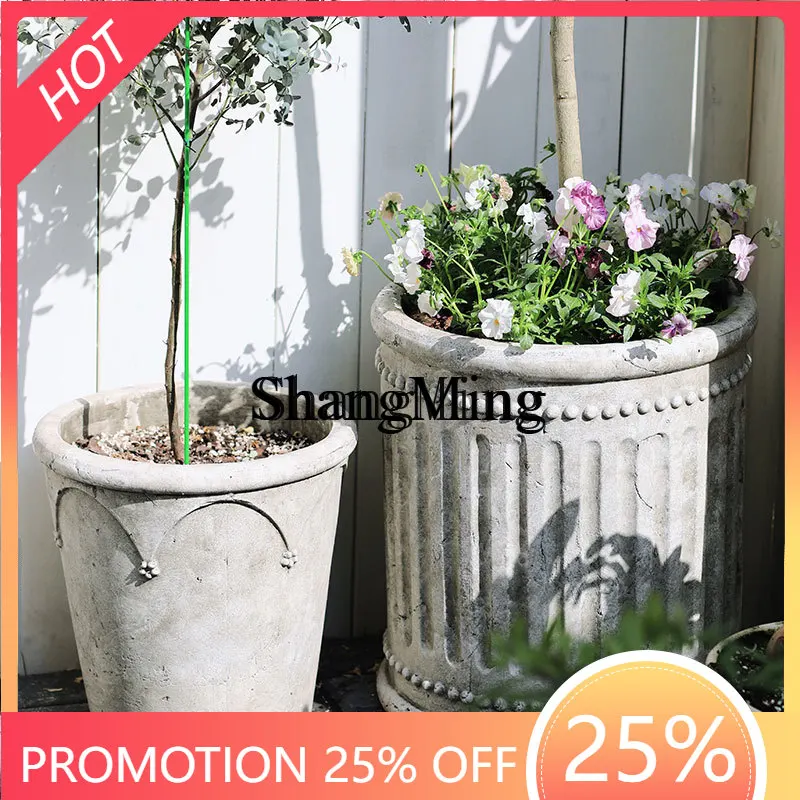 FG new villa red pottery round retro old big flower pot floor-to-ceiling outdoor green plant big flower pot