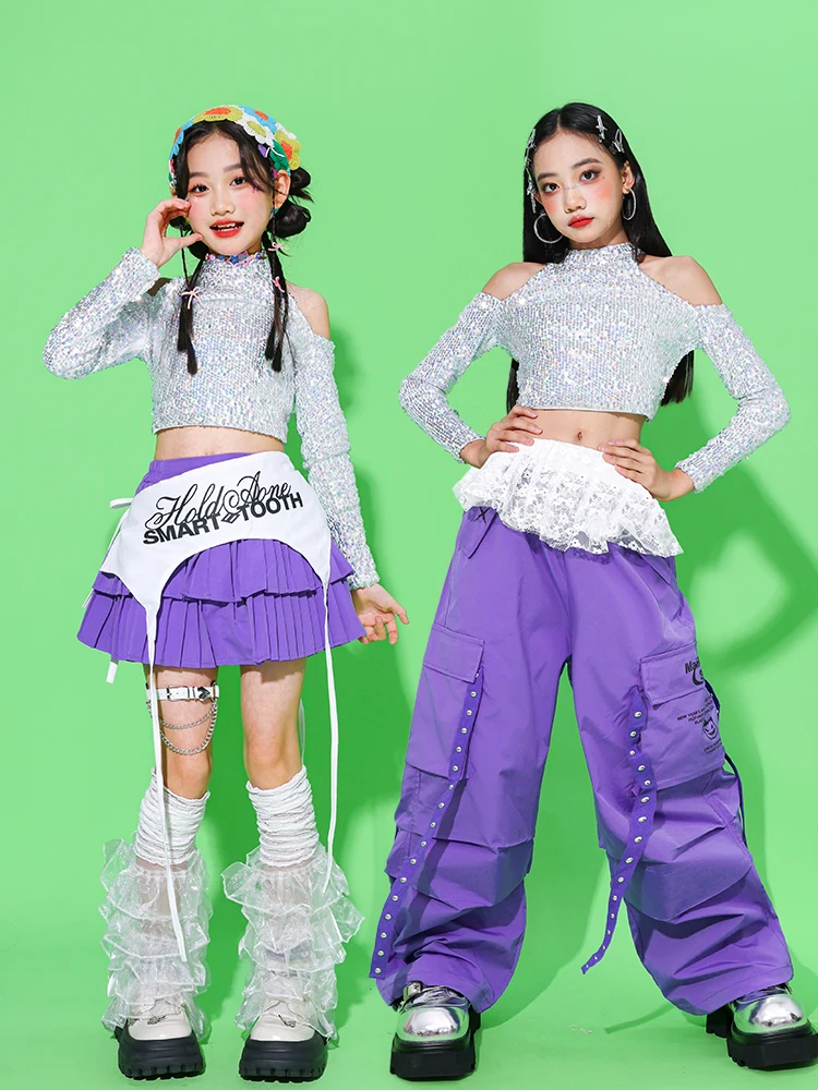 

Костюм для танцев в стиле K-pop: укороченный топ с пайетками, разноцветные юбки, брюки-карго, уличная одежда в стиле хип-хоп, молодежный джазовый костюм, комплекты одежды для девочек-групп