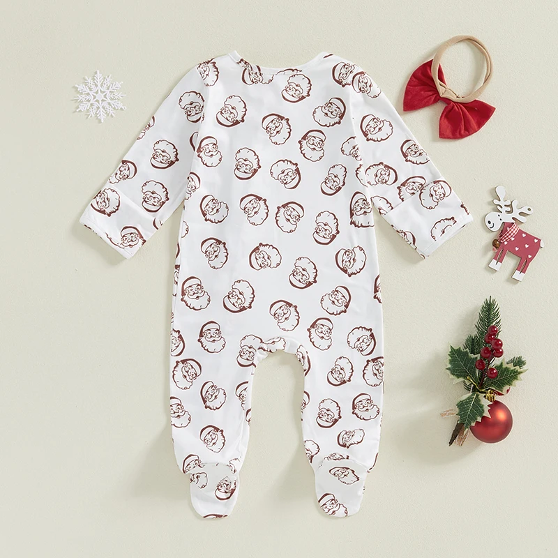 Baby Girls Christmas Footie Romper Santa Print Zipper Long Sleeve Jumpsuits and Cute Headband Set for Toddler