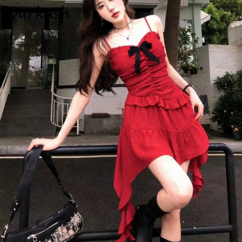 

Red Sleeveless Dresses Women Slim Temperament Sexy Elegant Irregular Hem Ruffles Bow Spaghetti Strap Asymmetrical Slender Mini