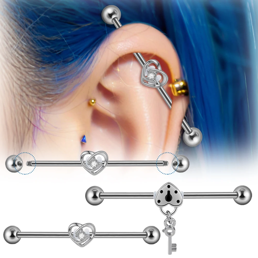1PC Stainless Steel Industrial Barbell Rings CZ Key Heart Dangle Staight Bar Conch Helix Caetilage Earrings Ear Piercing Jewelry