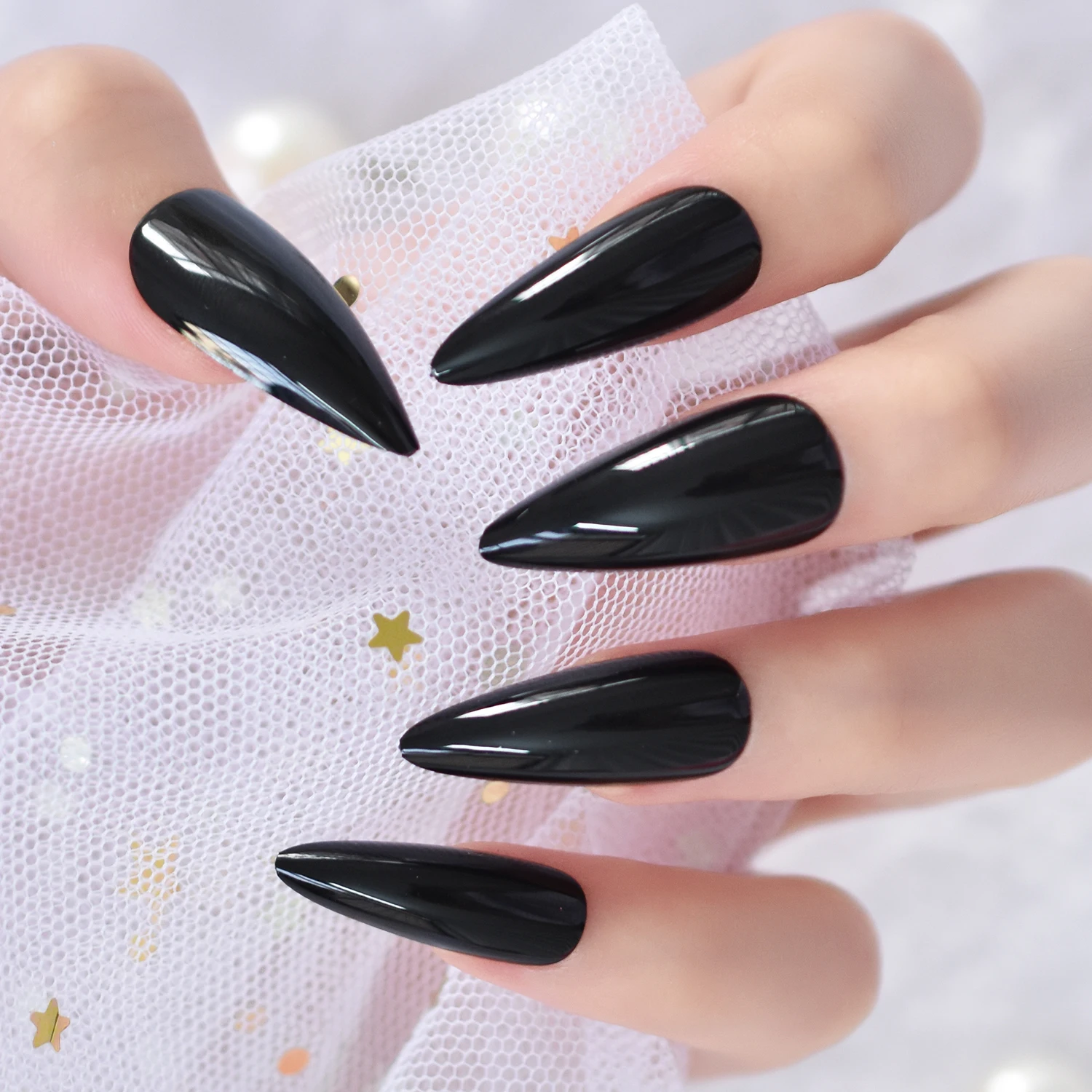 

Medium Pure Black Fake Nails Art Uv Gel Fingernails Press On Nails Stiletto Acrylic Nails Tip Full Cover Manicure With Tabs