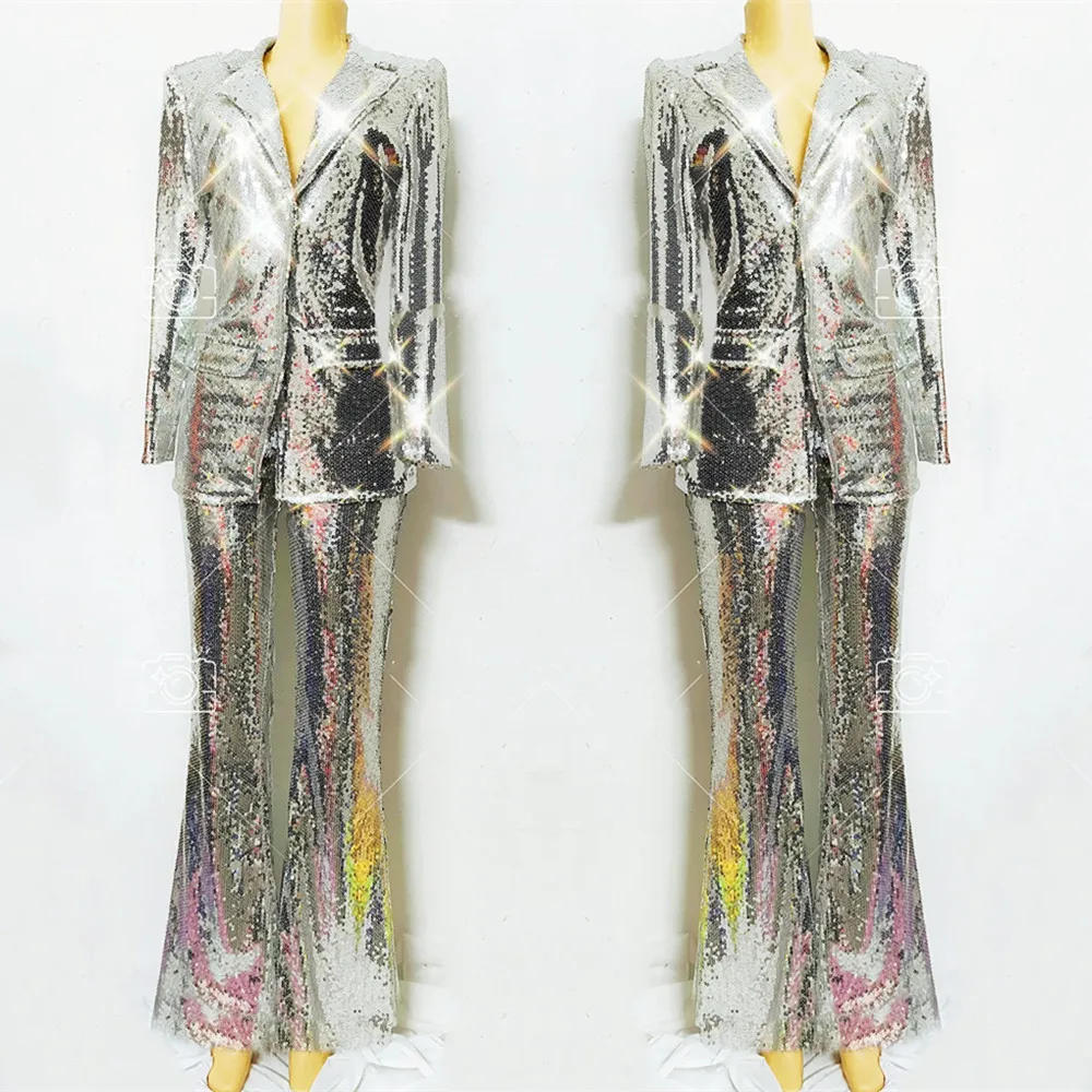 Stylish Design Women Solid Casual Suit Singer Host Tour Concert Set Banquet Silver Shiny Sequins Blazers Pants 2 Pieces Outfit