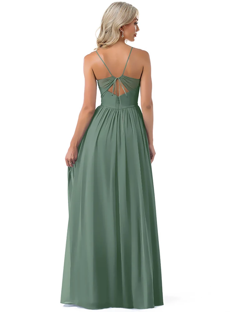 Lucyinlove-Vestido largo de gasa verde con tirantes para mujer, traje de noche elegante y Sexy para dama de honor, vestido de fiesta Formal para