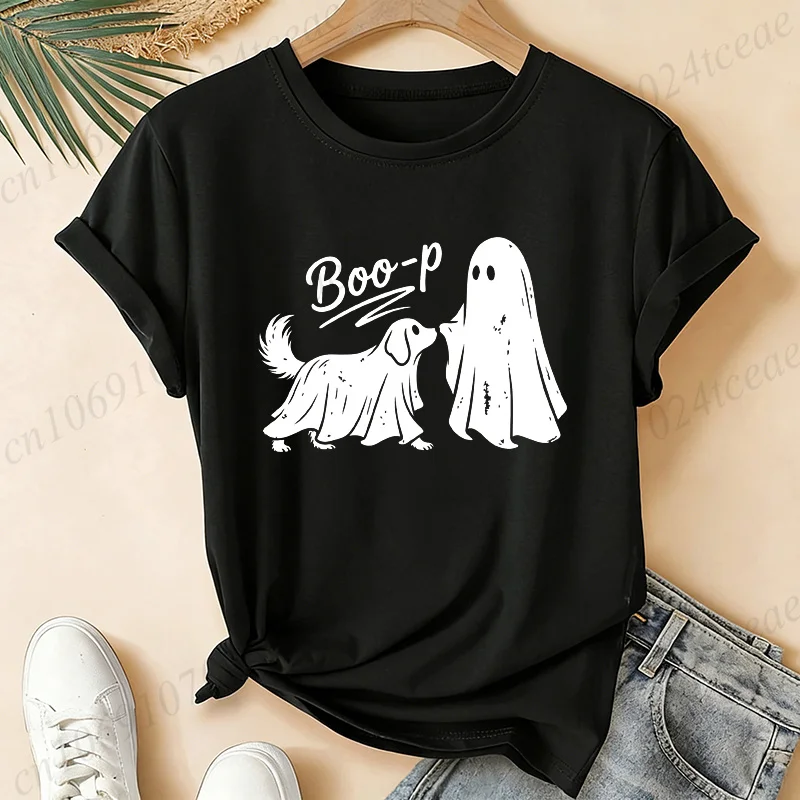 Women's T-Shirts Short Sleeve Tees Ghost Dog Print T-Shirts Funny Halloween Dog Mom Design Spooky Season Shirts Clothes Gifts