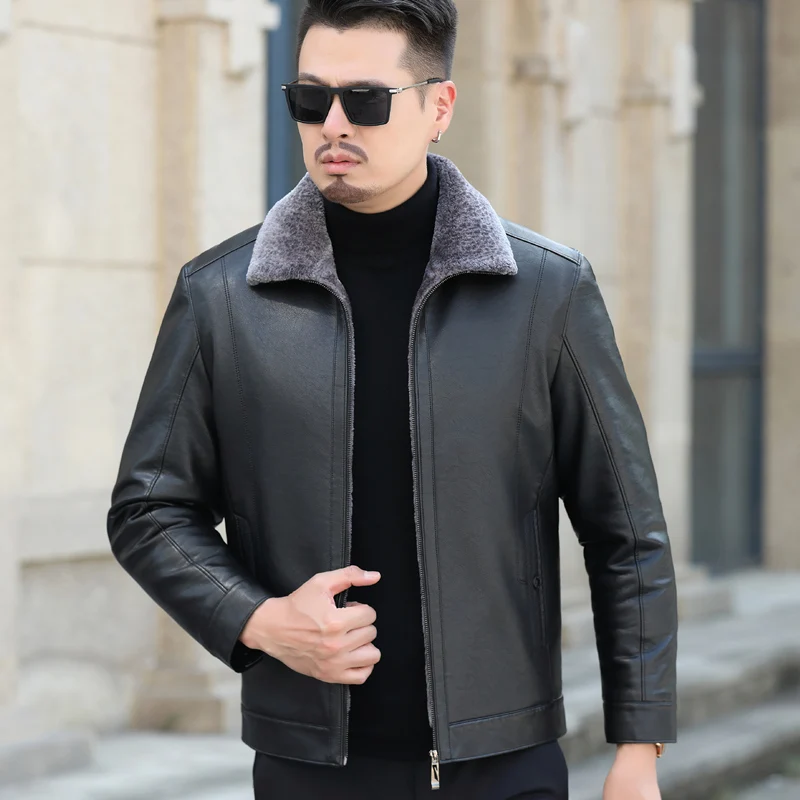 

YXL-101 Autumn and Winter Men's Genuine Leather Jacket Leather and Fur Integrated Casual Thickened Fleece Sheepskin Jacket Short