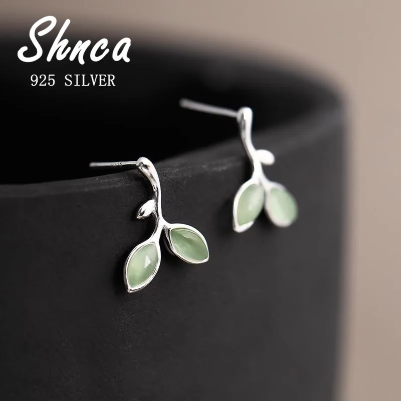 Nature Art Fashion Student Jewelry 925 Sterling Silver Green Leaf Stud Earrings For Women Girl XE255