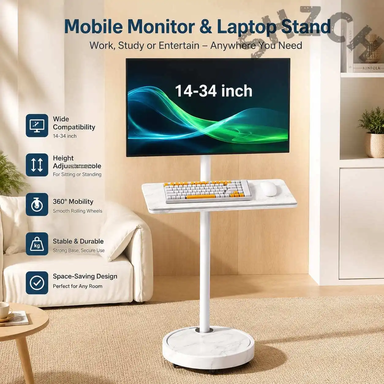 360° Rotating Mobile Monitor Stand with Keyboard Tray for 2–4 Screens, 24–32 Inch, Heavy-Duty Silent Casters