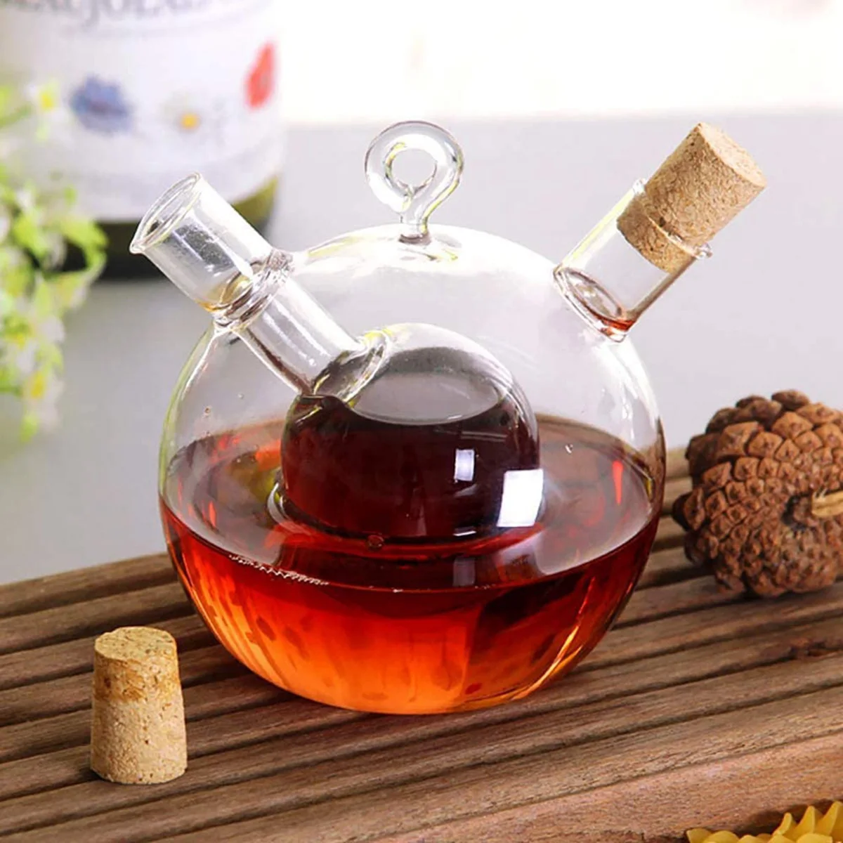 LDHL Olive Oil and Vinegar Dispenser 2 in 1 Kitchen Glass Bottle Oil and Vinegar Bottle with Cork Stopper