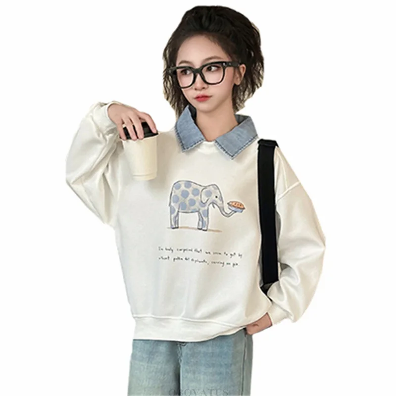 Children Fashion Spring Clothing For Girls Denim Neck Sweatshirt Kids Teenager Cartoon Elephant Polo Shirt 5 7 9 11 13 14 Years