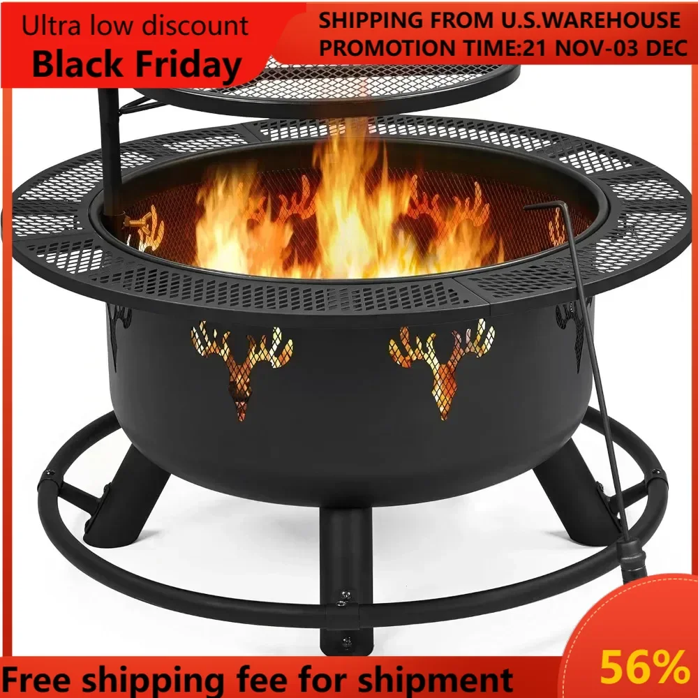 32in Fire Pit Outdoor Wood Burning Firepits Outdoor Fireplace with 18.5 Inch Swivel Cooking Grill Grate & Poker Fire B