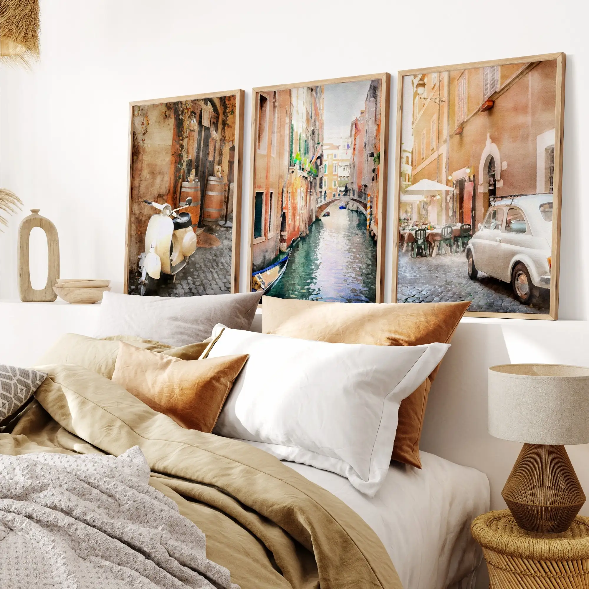 Impresiones en lienzo de ciudades italianas en acuarela, arte de pared con canales de Venecia y Vespa de Roma, carteles de viaje mediterráneos para decoración del hogar y regalos