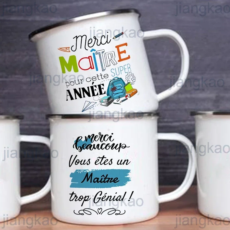 Merci Maitre French Print Mug Creative Coffee Cups Drinks Enamel Cup Vintage Handle Drinkware Thanks Graduate Gifts for Teacher