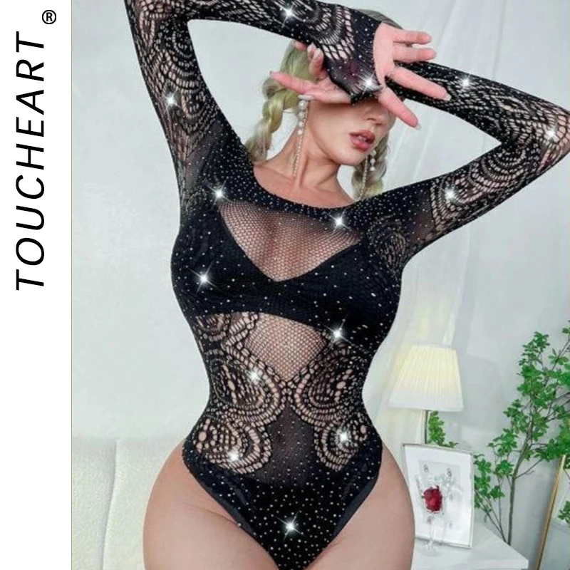 

Toucheart Sexy Lingerie Long Sleeve Women's Jumpsuit Hollow Bikini One Piece Sexy Jacquard Solid Color Mesh See-through Bodysuit