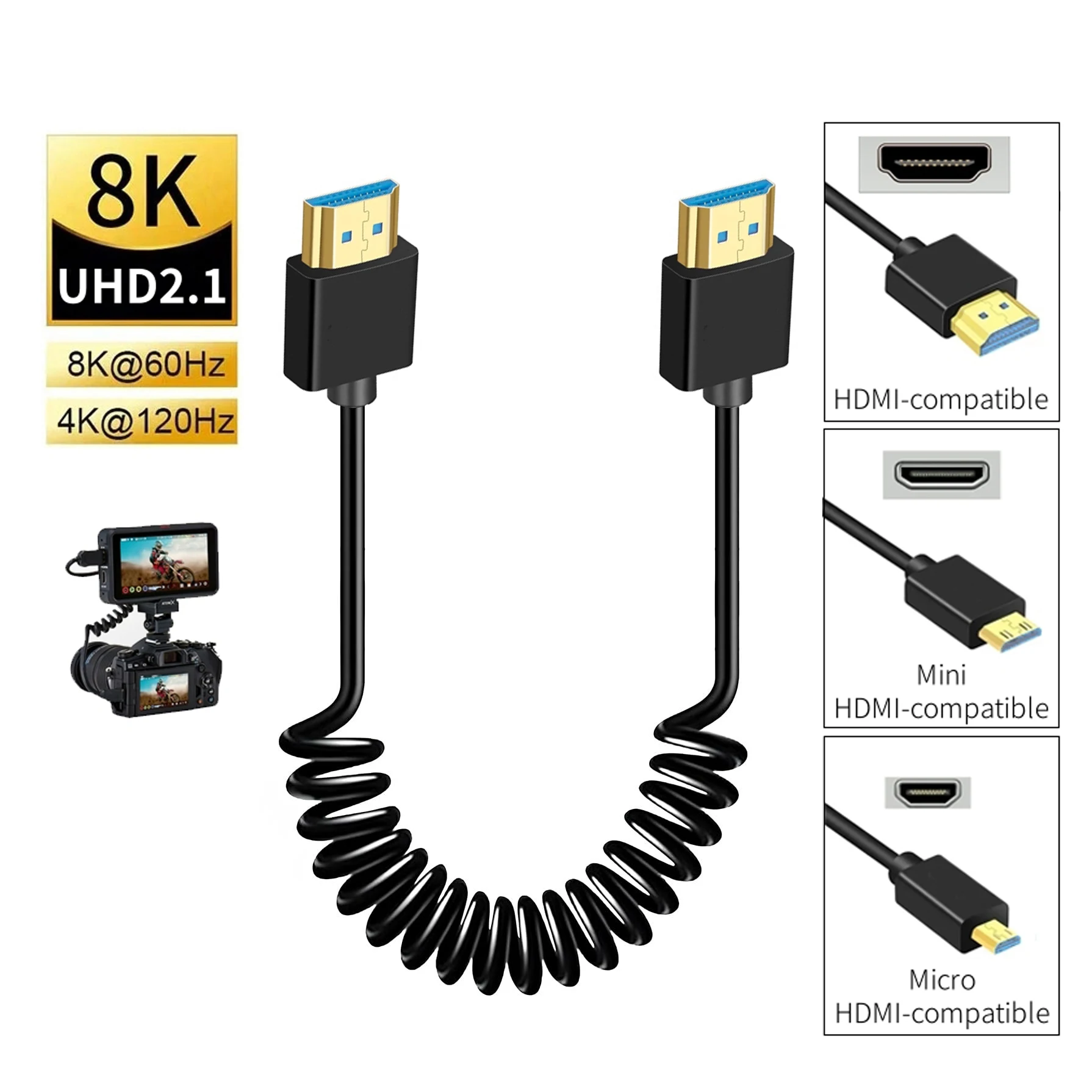 Ultra Thin Portable 8K HDMI-compatible 2.1 Cable Coiled Mini/Micro HDMI-compatible Cord for DSLR Camcorder Monitor Tablet PC TV