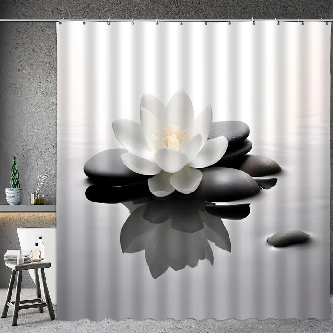 Black Stone Tower Zen Shower Curtain, Spa Decor Lotus Purple Orchid Flower and Bamboo, Cloth Fabric Bathroom Decor Accessory Set