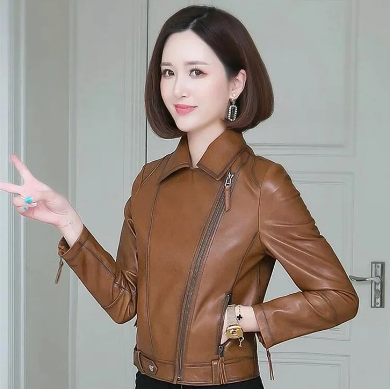 2024 New Women Leather Jacket Spring Autumn Fashion Suit Collar Slim Biker Leather Outerwear PU Streetwear Tops