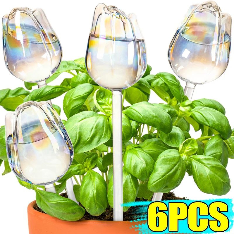 

6/1pc Glass Automatic Waterer Tulip Flower Shape Plant Water Dripper Lightweight Houseplant Garden Device Drip Irrigation System