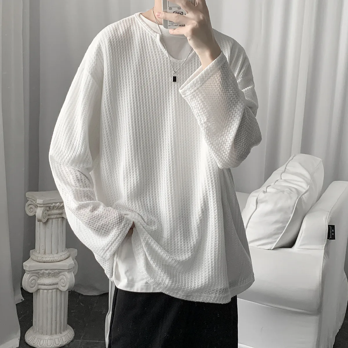 Men's Spring Summer Retro Loose Lazy Stylish Long Sleeve T-Shirt Casual O Neck Solid Exposed Clavicle Tops Breathable Shirt