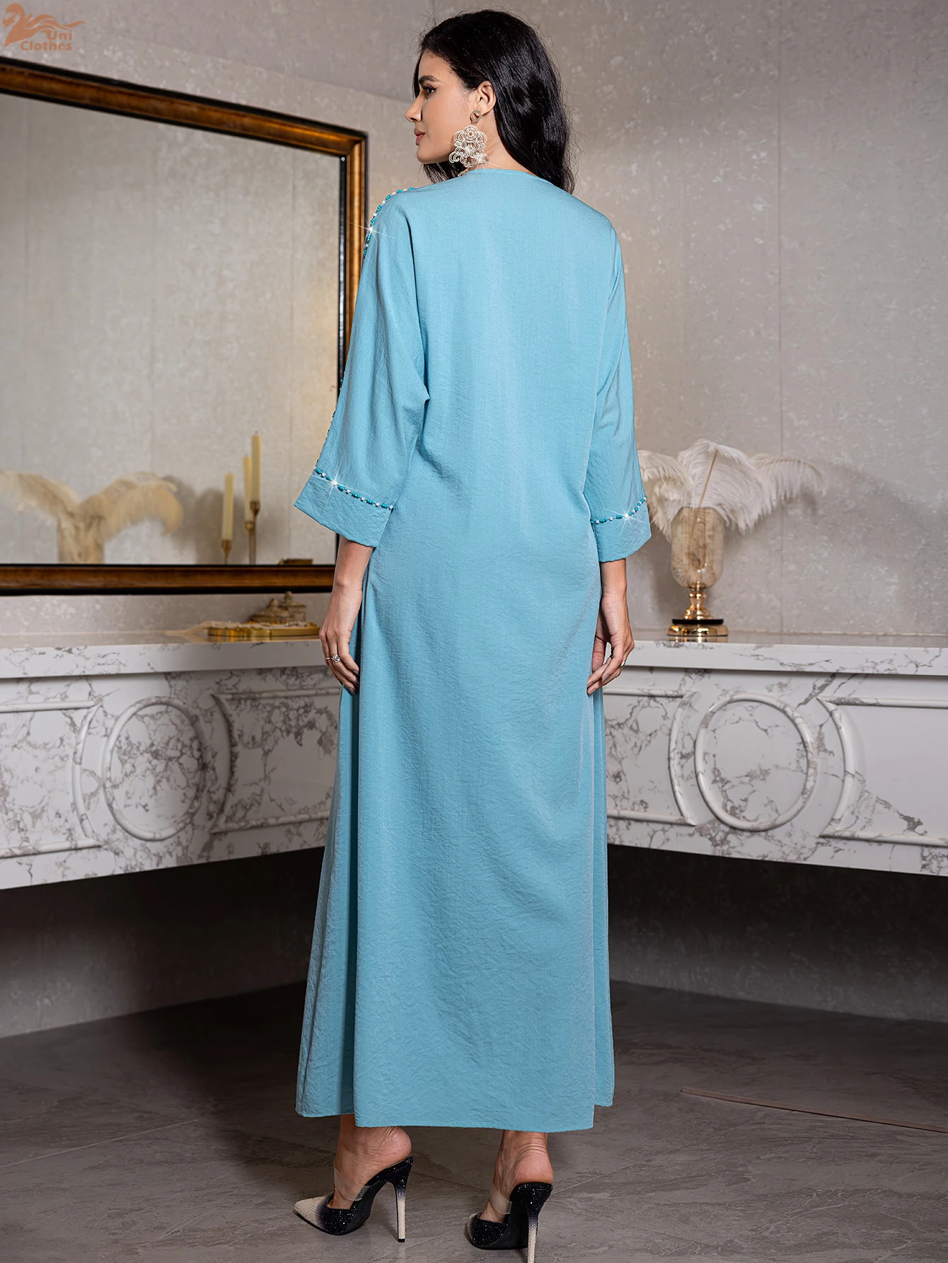 

Uni Dubai Women Maxi Dress Robe Femme Musulmane Vestidos Ramadan Abaya Turkey Kaftan Eid Djellaba Beads Islam Jalabiya Caftan
