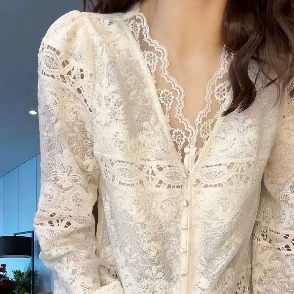 

Spring Women's Clothing Lace Embroidered V Neck Slim Fit Blouse Elegant Lady Top Polyester Spandex Irregular Long Sleeve Hem