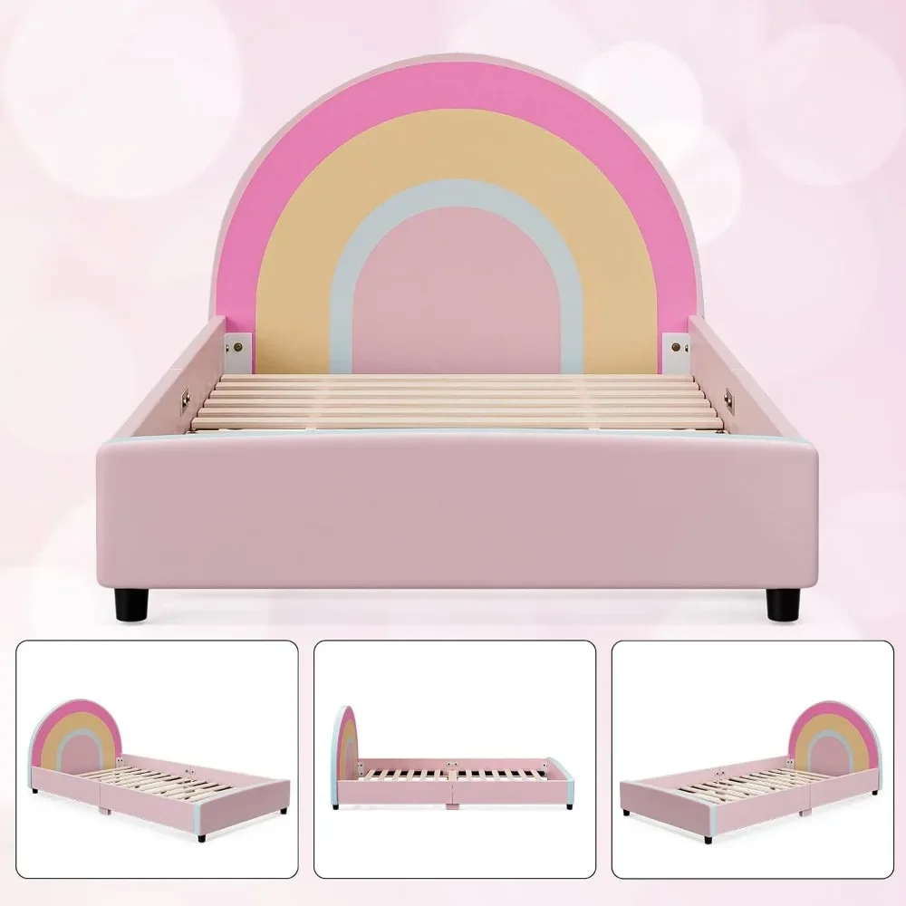 Twin Bed Frames for Kids, Princess Upholstered Girls Twin Platform Bed with Rainbow Headboard, Solid Wood Slats Children Beds