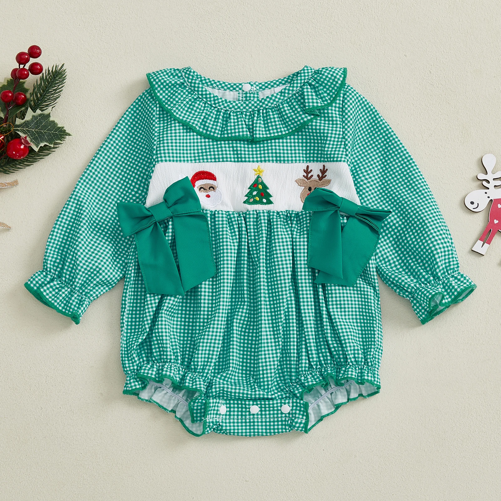 

Baby Girl Plaid Christmas Romper Santa Tree Embroidered Ruffle Trim Long Sleeve Bodysuit with Bows Cute Winter Fall Clothes