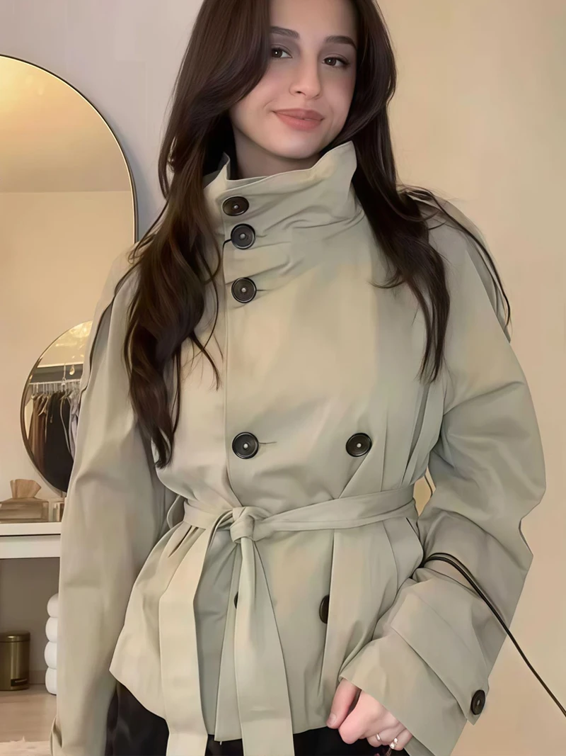 

Stand Collar Women Short Trench Coat Double Breasted Jacket New Autumn Windbreaker Fashion Outerwear Outdoor Coats with Belt