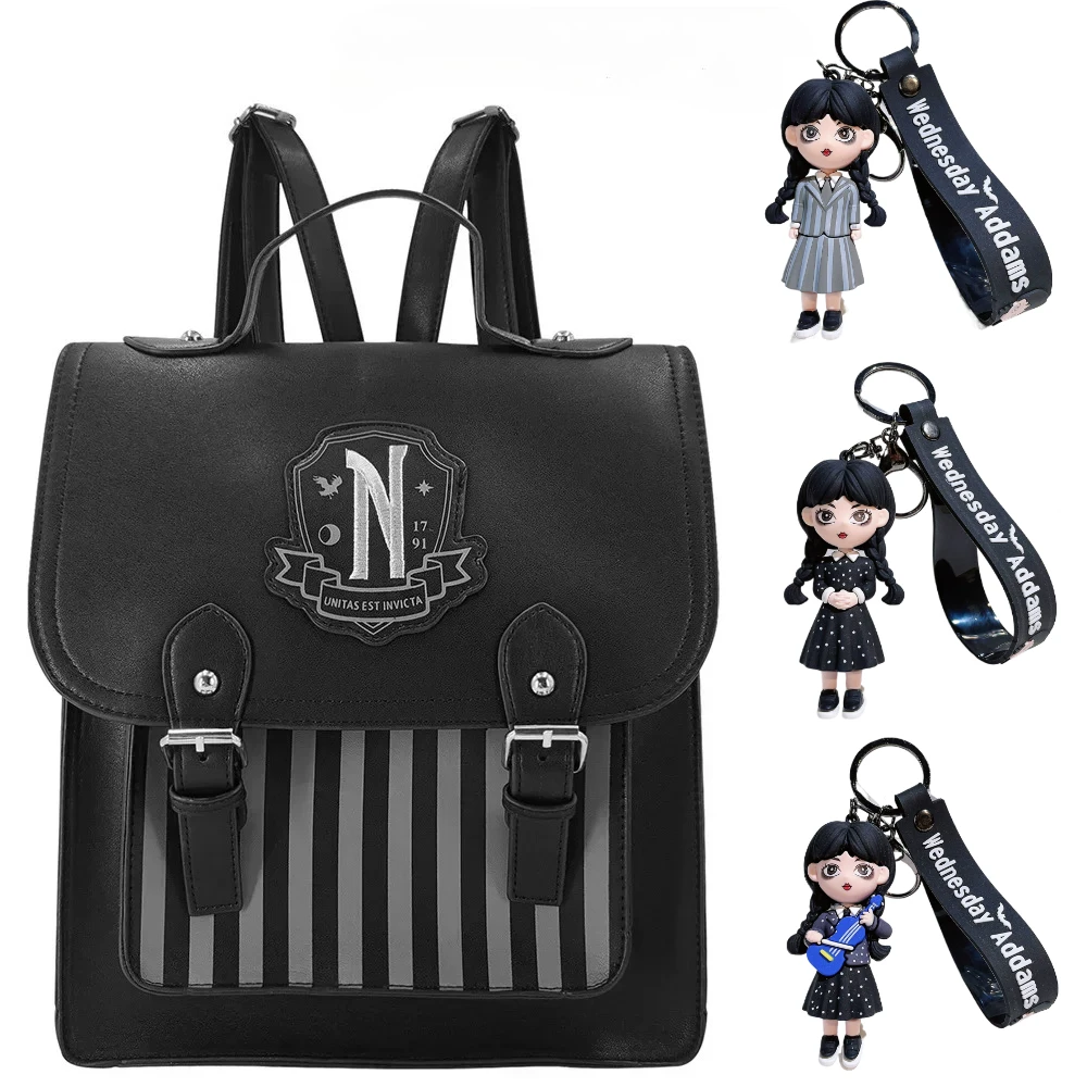 4 قطعة فيلم الأربعاء بولي Leather جلد أسود على ظهره المرأة عادية خمر المدرسية طالب تلميذة موضة حقيبة ظهر بسعة كبيرة