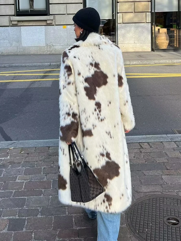 TRAF Faux Fur Long Coats for Women Animal Print Fluffy Coat Women New in Outerwears Warm Winter Woman Coat Luxury Women's Jacket