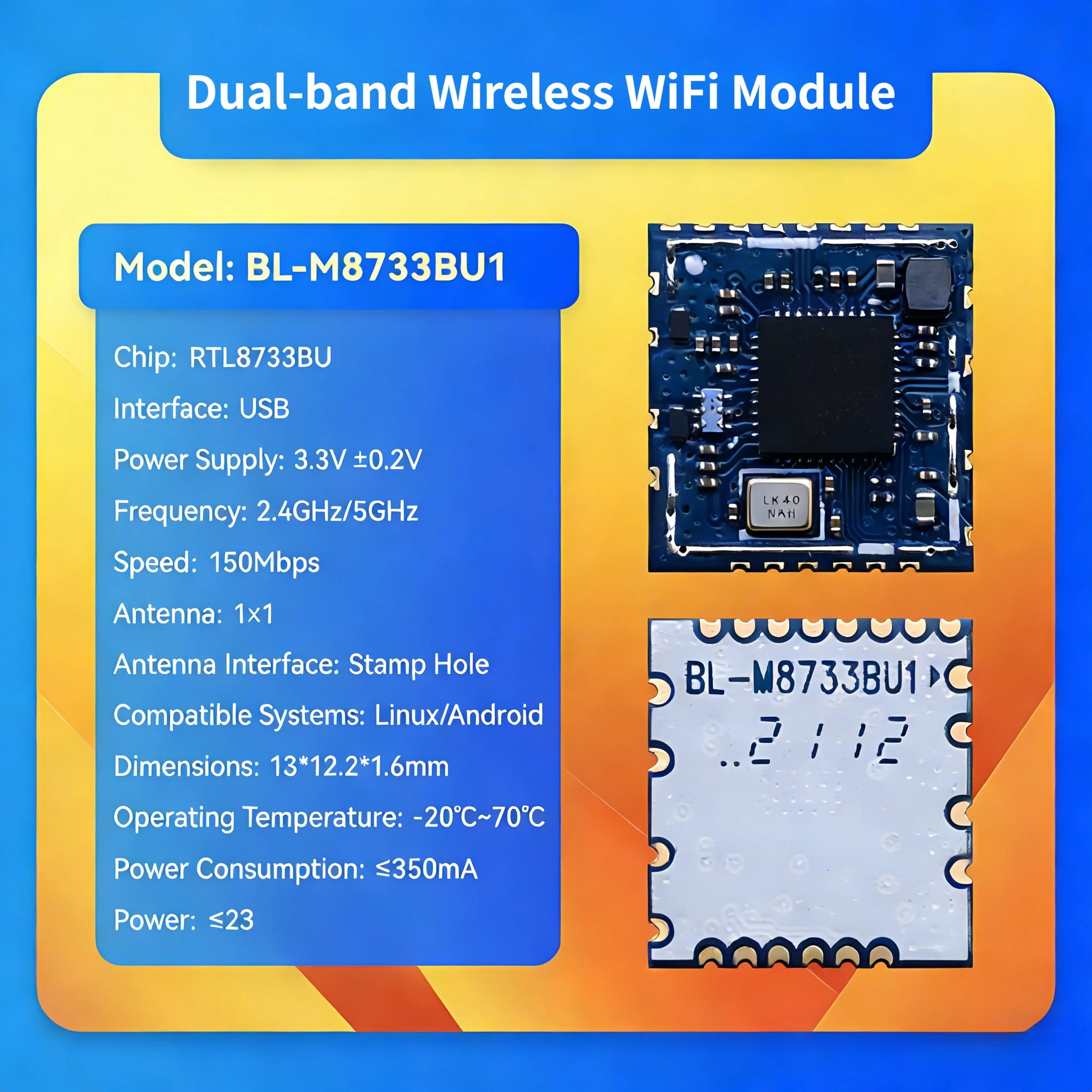 M8733BU1 Dual-Band 5GHz Wireless WiFi Module with Bluetooth BT5.2 Realtek RTL8733BU for Image Transmission Screen Casting Projec