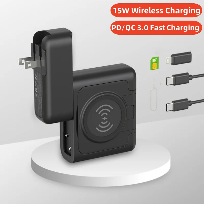 

Wireless Charger Power Bank PD/QC 3.0 22.5W Fast Charging with AC Plug Cable for iPhone 15 Travel Adapter Wall Charger Powerbank