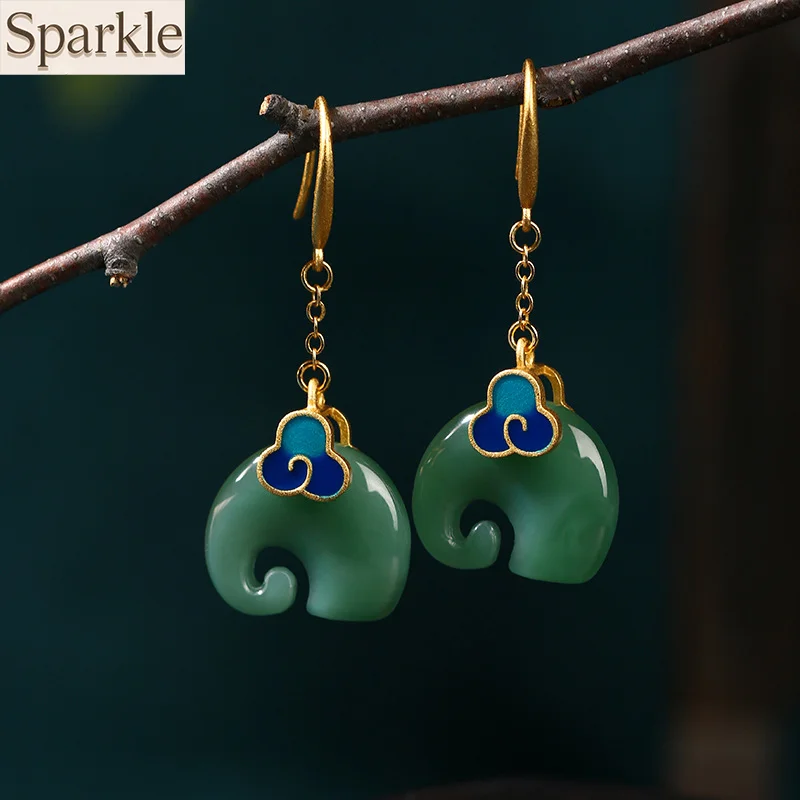 

China Vintage Style Earrings Elephant Design Imitation Hetian Jade Ear Jewelry for Women Drop Earrings Plated with 24K Gold