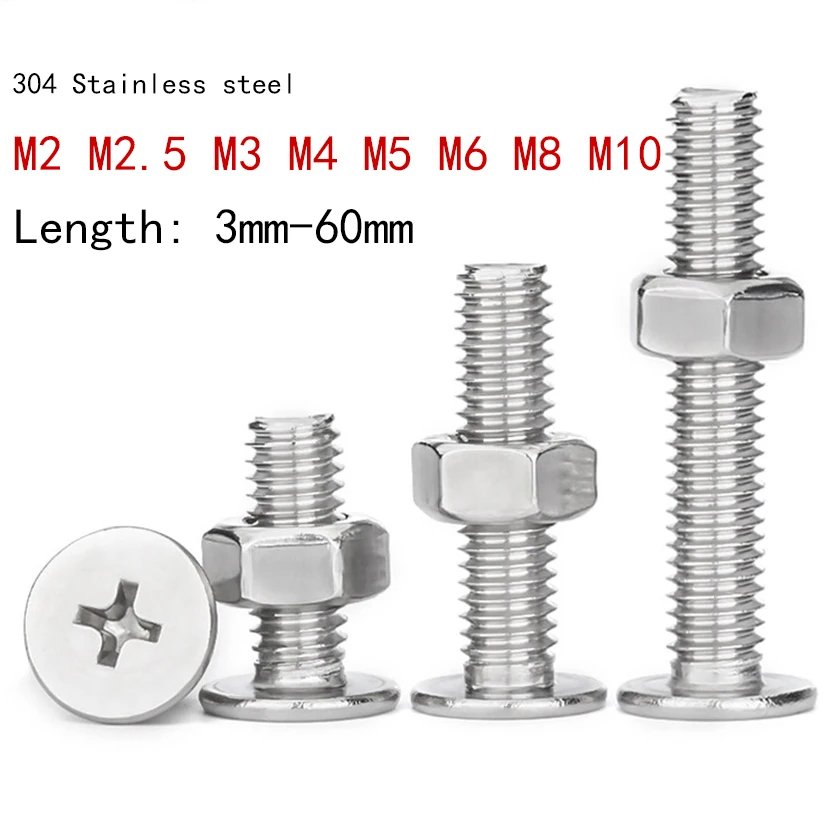 M2 M2.5 M3 M4 M5 M6 M8 M10 304 Stainless Steel Flat Head  Cross Screw and Nut Set, Length 3mm-60mm, Furniture Fastener