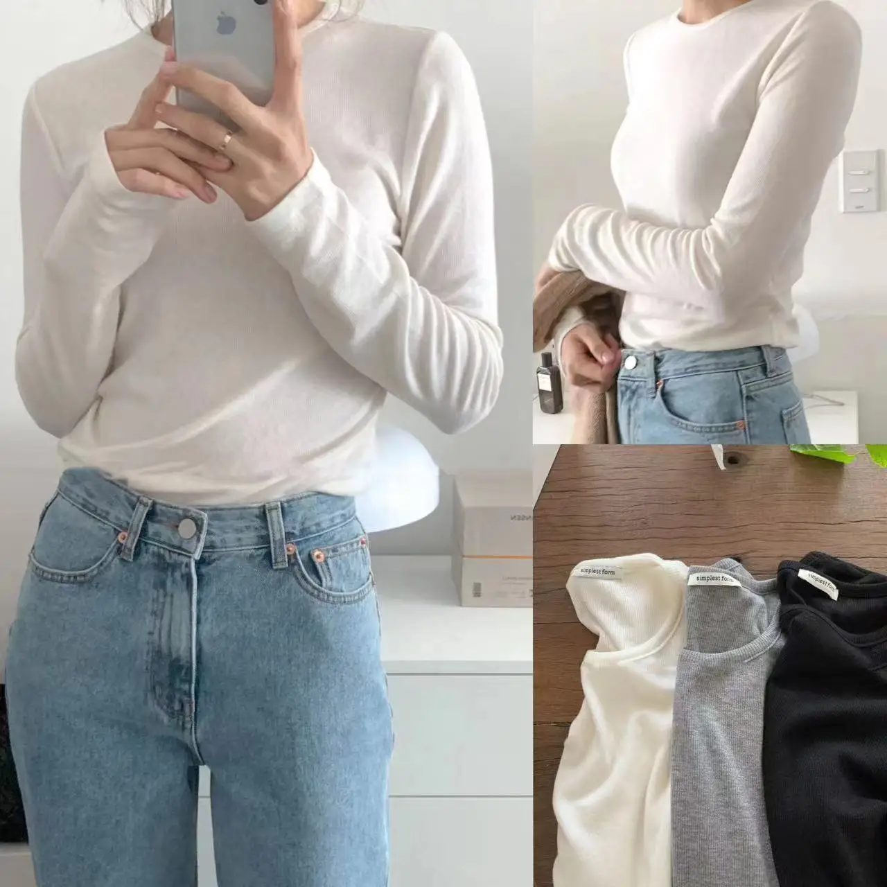 Dopasowany T-shirt z okrągłym dekoltem, długi rękaw, podstawowa warstwa bazowa, damski, casualowy, wygodny materiał, idealny na jesień.