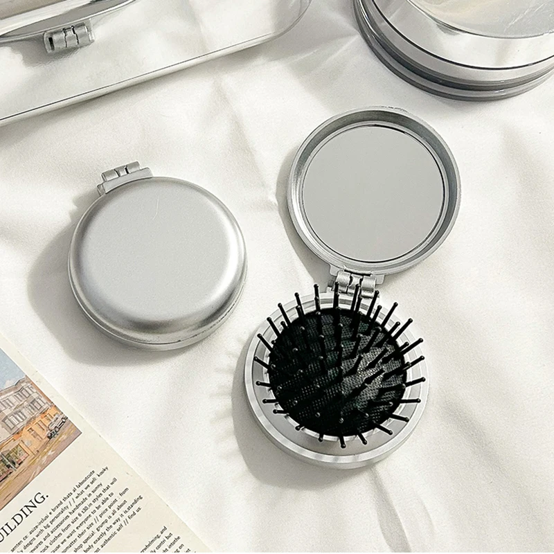 Round Silver Folding Air Bag Comb With Mirror Compact Pocket Size Portable Travel Hair Brush Cosmetic Mirror Head Massager