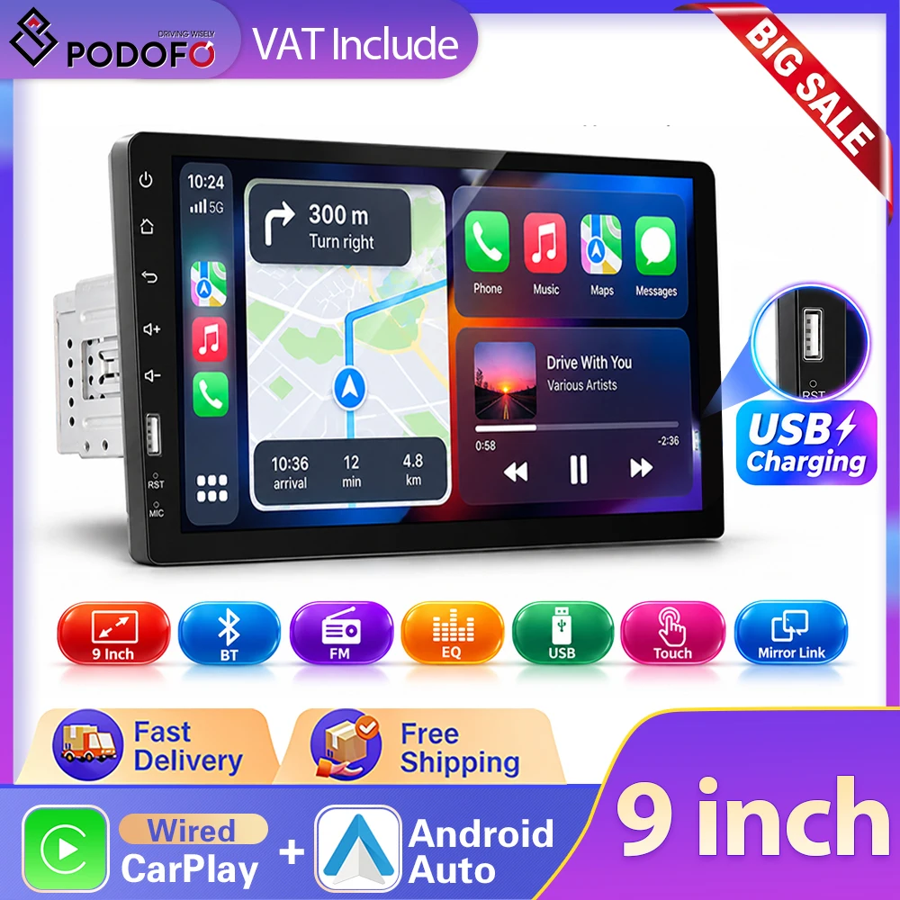 Podofo, autoradio con schermo touchscreen da 9 pollici, compatibile con CarPlay wireless, Android Auto, D-Play, lettore MP5, Bluetooth, FM, Mirror Link, lettore multimediale universale per auto, con