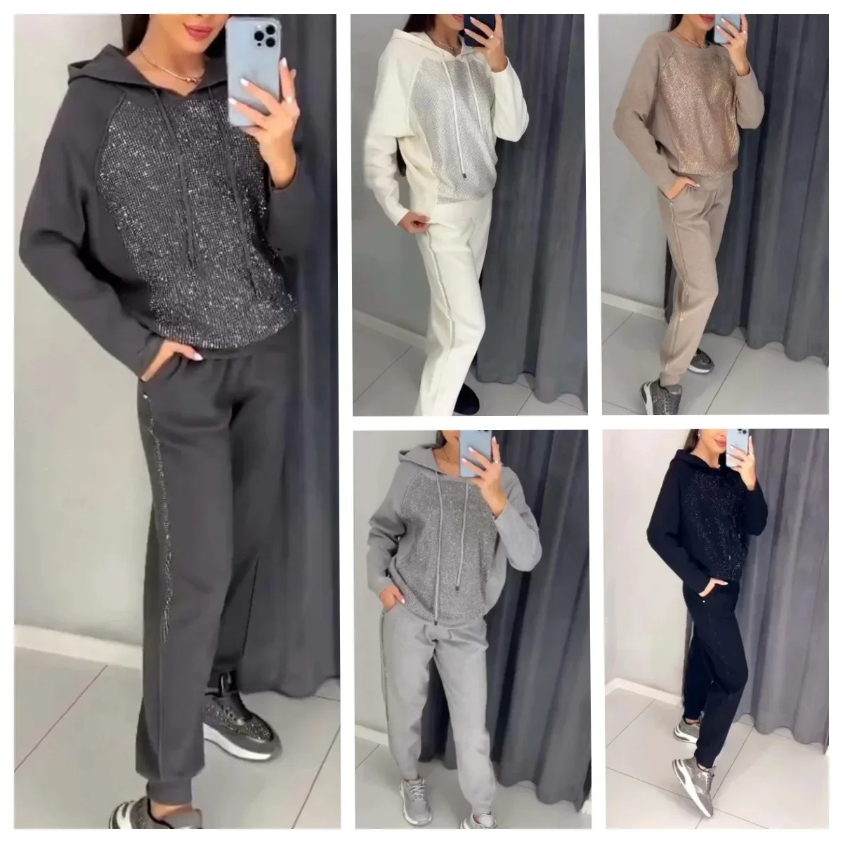 Women Two Piece Sets Pant Set Sequin Sweatshirts Loose Casual Matching Sets Hooded Tops High Elastic Waist Splice Long Pants