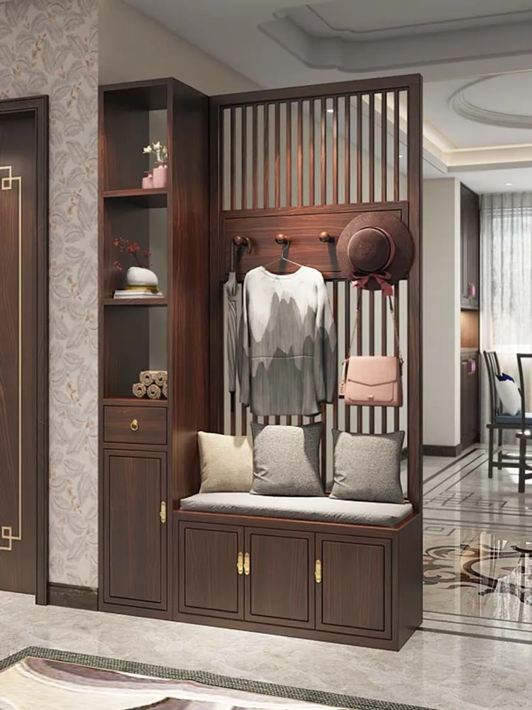 New Chinese-style screen partition, living room all-solid wood shoe cabinet, household coat rack, shoe changing