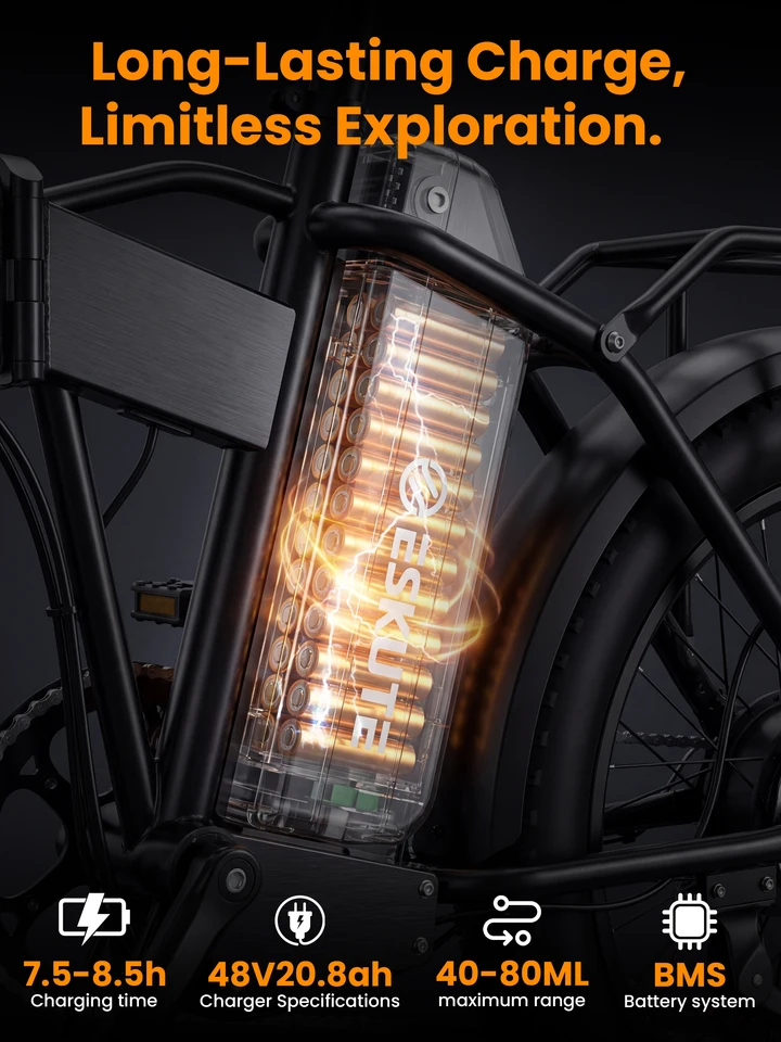 ESKUTE Electric Bike for Adults, 48V 20.8Ah Removable Battery, 20x4 Fat Tire Foldable Ebike with 1200W Peak Motor, Folding E Bike with 7‑Speed, 20+ MPH, up to 80 Miles, NFC Unlock image 7