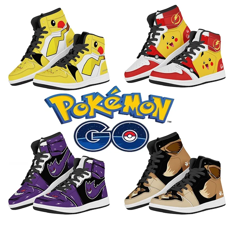 Pokemon PU High Top Sneakers Pikachu Men\'s Anime Print Basketball Shoes Cartoon Creative Couple Trendy Breathable Tennis Shoes