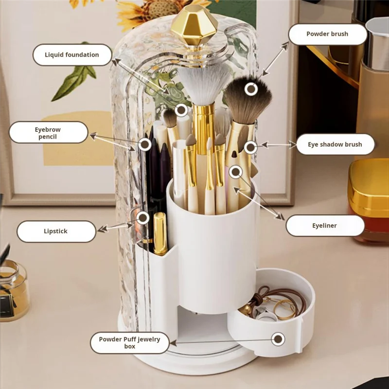 

Makeup Brush Storage Box With Transparent Lid Large Capacity 360-Degree Rotating Makeup Brush Holder Acrylic Organizer-A45M