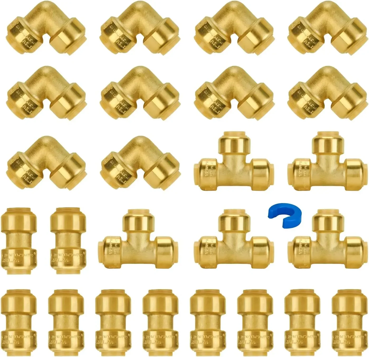 

Plumbing Fittings 1/2 Inch, Push Pex Fittings 1/2", 10 Each Coupling and 90 Degree Elbow, Tee (5 PCS), No Lead Brass -