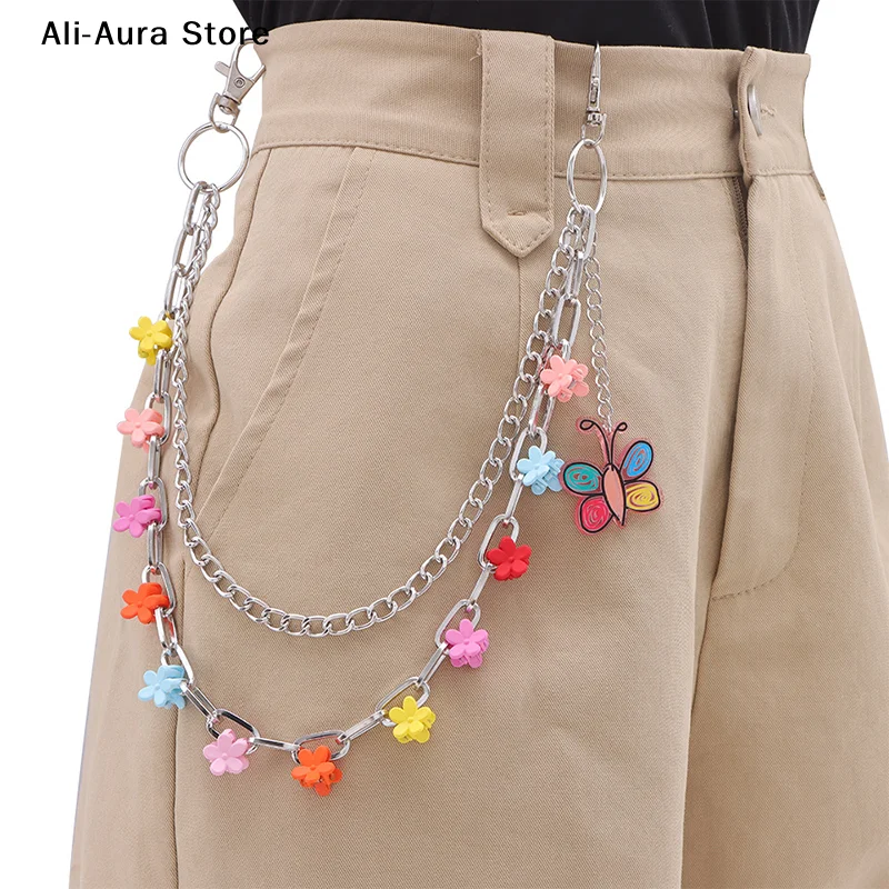 1Pcs Fashionable Colorful Flower Butterfly Pendant Pants Chain Punk Style Metal Waist Chain Hip-hop Versatile Pants Chain Gifts