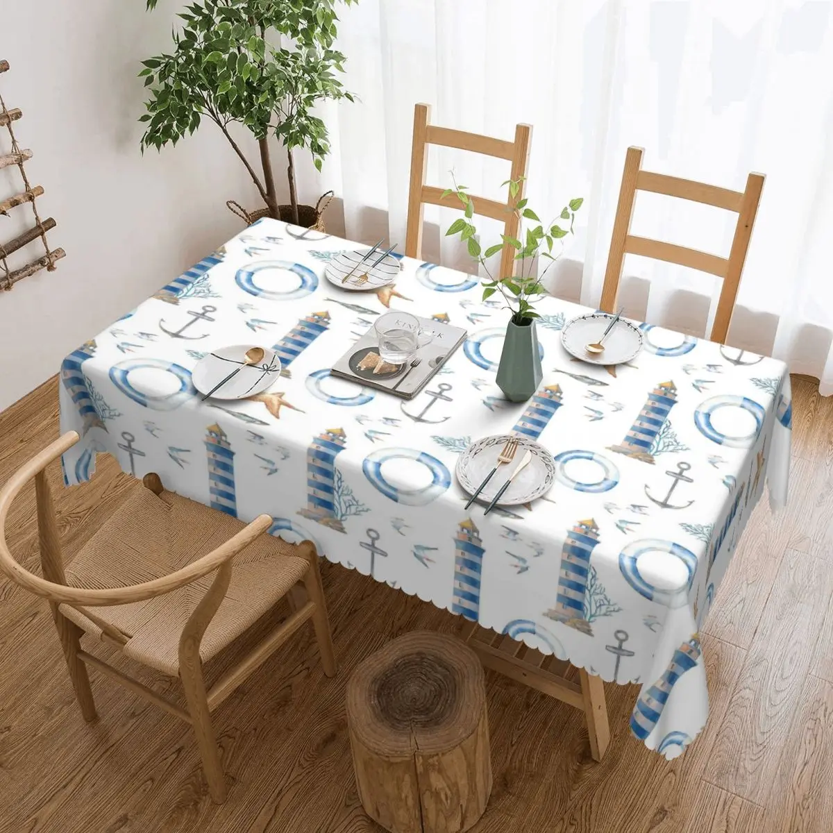 Customized Rectangular Oilproof Ocean Nautical Lighthouse Table Cover Table Cloth Tablecloth for Dining