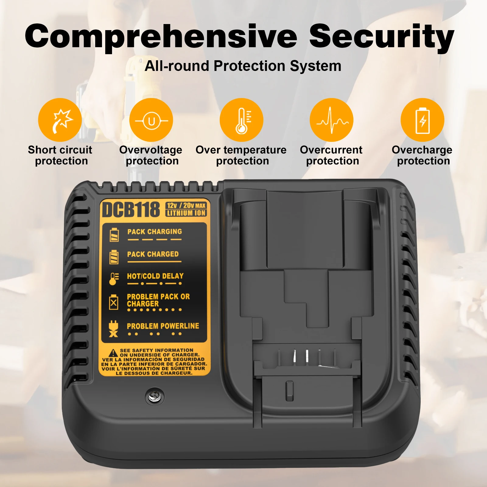 DCB118 Fast Charger Compatible with Dewalt 18V 20V Lithium Battery DCB120 DCB127 DCB121 DCB204 DCB205 DCB206 - view 4