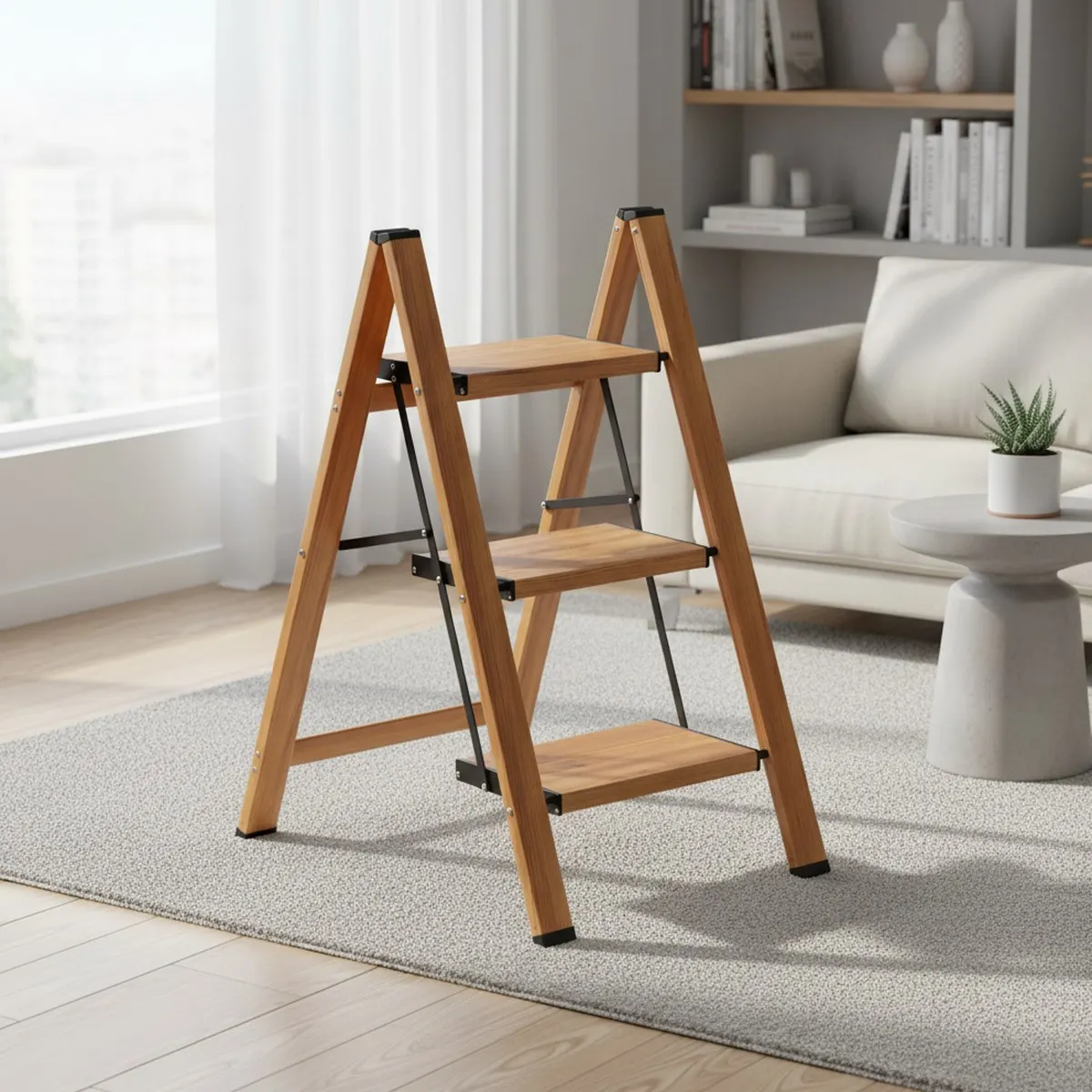 Compact Wood Look Folding Step Ladder Wide Non-Slip Steps 300lbs Home Office