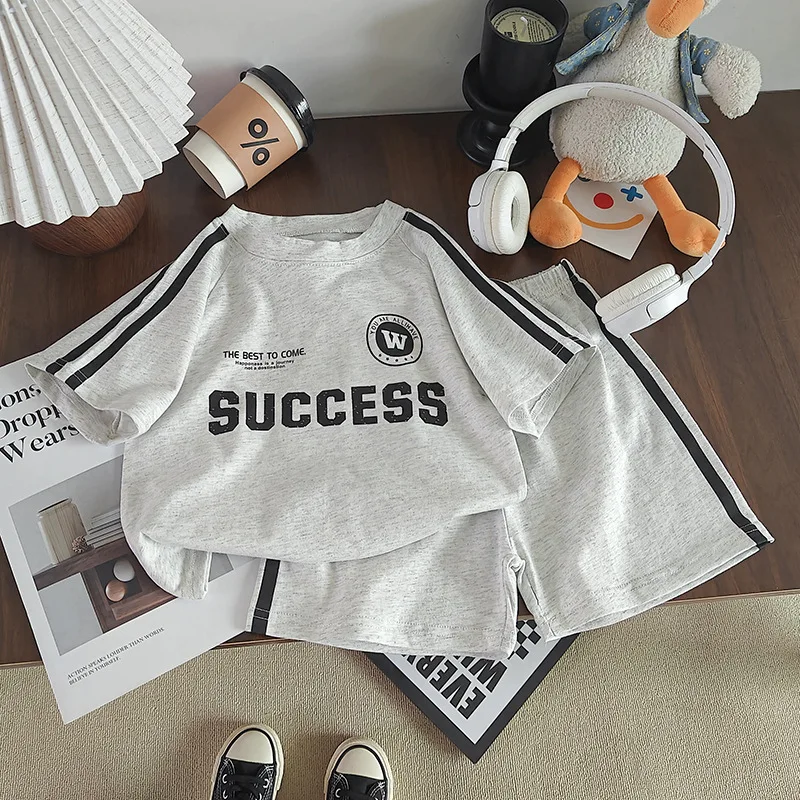 2026 New Summer Sporty Style Children Sets Letter Pattern Tee+Striped Shorts 2Pcs Clothes Short Sleeve Cotton Boys Girls Suit